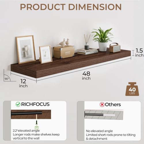 RICHFOCUS Long Floating Shelves for Wall 2Pack|Walnut|48" Lx12 D - color: Walnut, size: 48"L x 11.6"D, Set of 2
