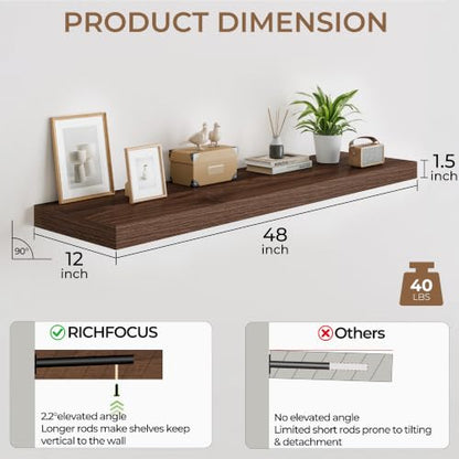 RICHFOCUS Long Floating Shelves for Wall 2Pack|Walnut|48" Lx12 D - color: Walnut, size: 48"L x 11.6"D, Set of 2