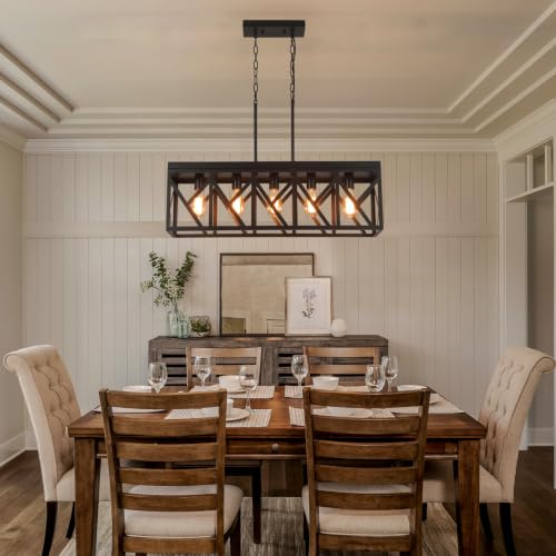 Rustic Farmhouse Metal Kitchen Island Lighting, 5 Lights Rectangular Pendant Light Fixture, Adjustable Rods Modern Metal Linear Chandelier for Kitchen Island Farmhouse Dining Room, Black - size: Large 5 lights