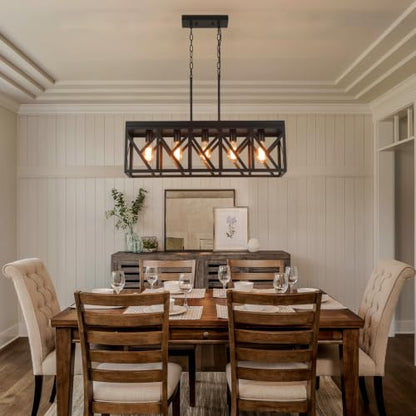 Rustic Farmhouse Metal Kitchen Island Lighting, 5 Lights Rectangular Pendant Light Fixture, Adjustable Rods Modern Metal Linear Chandelier for Kitchen Island Farmhouse Dining Room, Black - size: Large 5 lights