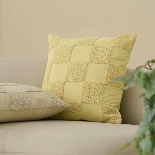 Double Stitch 100% Cotton Boho Checkered Throw Pillow Covers, Lemon Yellow - color: Lemon Yellow, size: 20" x 20" (Pack of 1)