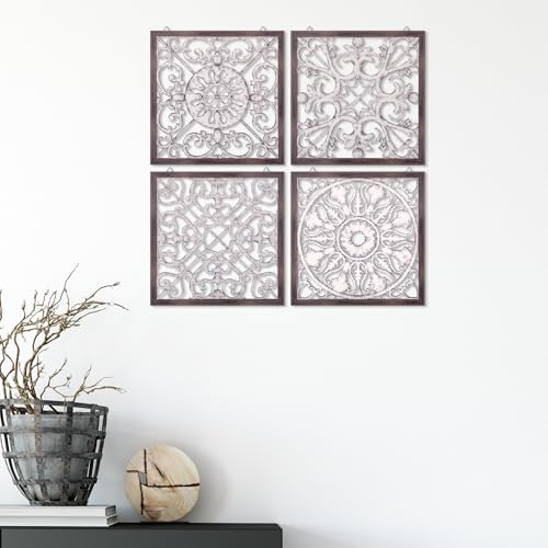 Tatuo 4 Pcs Wood Art Wall Decor Farmhouse Decorative Wood Panels Modern Wall Decor for Living Room Home Kitchen Dining Room(Square,Brown, White)