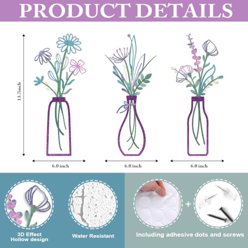Pigort 3 Pieces Metal Flowers Wall Arts - Rustic Farmhouse Decor Purple Minimalist Flower Wall Decors for Living room Bathroom Bedroom Dining Room-Housewarming Gifts(Purple, Vase-C) - color: Purple