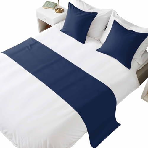 Bed Runner for Queen Size Bed, Navy Blue Decorative Beds Runners and 2 Matching Pillow Covers Set, Modern Pure Navy Blue Beds Scarf Throw for Foot of Bedding Set for Hotel/Bedroom - color: Navy Blue, size: 83 x 20 Inch