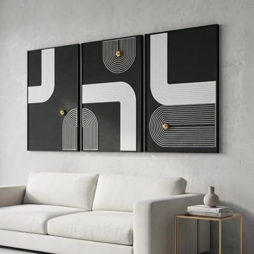 AMAATE 3Pcs 3D Sandstone Relief Art, Black Frame Gold Sphere Abstract Decor | 3D textured sandstone art, polished gold spheres & sturdy black metal frame, pre-assembled ready to hang for home & office - color: Black White Gold, size: 24" x 36" inch