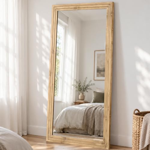 81x41in Full Length Mirror, 3-Tier Stepped Wood Frame, Light Brown - color: Light Brown, size: 81"L x 41"W