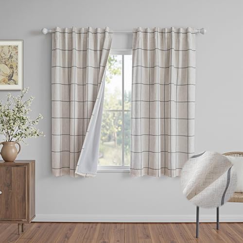 MYSKY HOME 100% Blackout Plaid Linen Curtains 63 Inches Long Double Layer Farmhouse Thermal Insulated Checkered Print Drapes with Rod Pocket Back Tab for Living Room Bedroom, 2 Pcs, 52"Wide, Deep Grey - color: Deep Grey, size: 52"W x 63"L (Pack of 2)