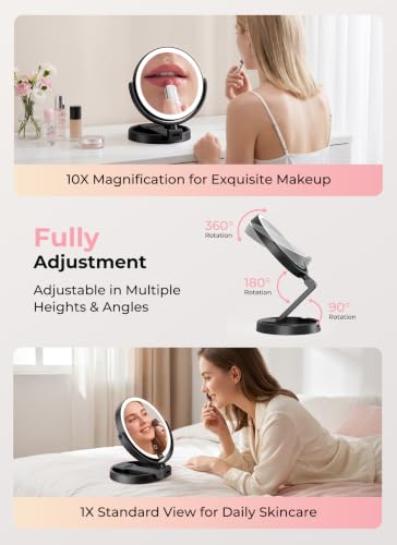 Lighted Travel Makeup Mirror,1X/10X Magnification,3 Light Modes,Black - color: Black