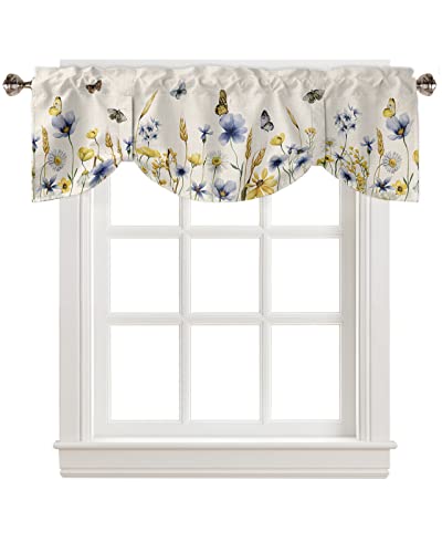 Butter-fly Leaves Tie Up Valance Curtain for Kitchen Living Room Bedroom Bathroom Cafe,Rod Pocket Short Window Drape Panel Adjustable Drapary Print,Elegant Fall Yellow Blue Yellow Daisy Beige 60"x18" - size: 60"W x 18"L (Pack of 1)