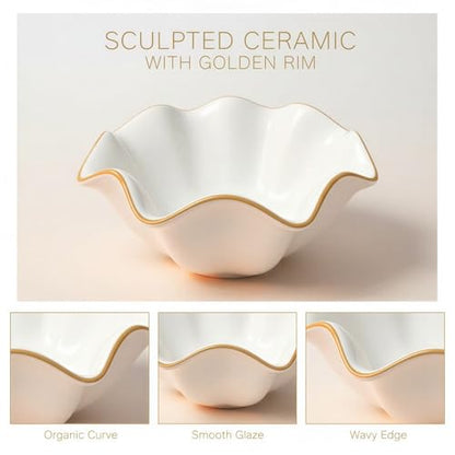 8 in White Ceramic Decorative Bowl, Ruffle Edge Serving Bowl with Golden Rim, 320 oz Shallow Fruit Container for Kitchen Counter, Dining Table Centerpiece, Entry Decor, Housewarming Present