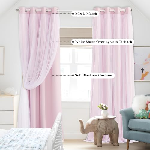 Light Pink Blackout Curtains with White Sheer Overlay for Girls Bedroom - color: Light Pink, size: 52"W x 95"L (Pack of 2)