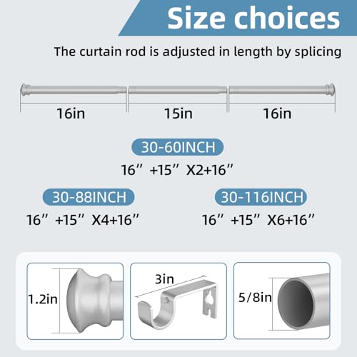 CorkLatta Silver Curtain Rods for Windows 30 to 88 Inches with Brackets, Decorative 5/8 Inch Diameter Single Window Curtain Rod Set for Room Divider, Bedroom, Living room, Kitchen, Bathroom - color: Silver, size: 30-88"