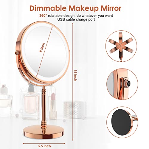 DEIOVWXS Makeup Mirror, Rechargeable Vanity Mirror with 3 Lights, 1X/10X - color: Rose Gold