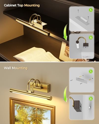 Wireless Rechargeable Picture Light with Remote, 12.6″ Battery Operated Art Gallery Wall Light, Dual 5000mAh Batteries, Dimmable with Timer, Adjustable Design, Electroplated Gold Finish - color: Battery Operated-Brass, size: 12.6 Inch