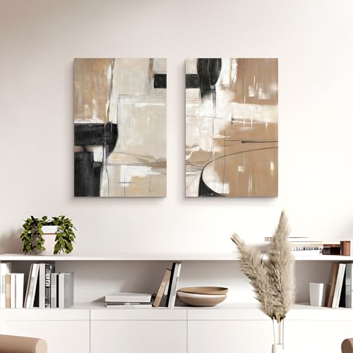 WALLSUP DECOR Abstract Geometric Shapes Illustrations Modern Abstract Painting Wall Art - 2 Piece Black And Brown canvas wall decor For Living Room Bedroom Office Hallway - color: Black and Brown, size: 16"x24"x2