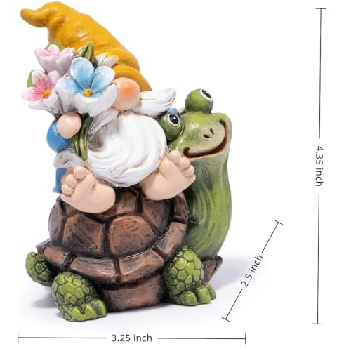 Hodao Spring Gnome Figurine Sitting on Turtle – Adorable Resin Garden Mini Gnome with Flowers and Frog for Home Shelf Tiered Tray or Outdoor Decor or Gift for Women (Gnomes on Turtles) - style: Sitting on Turtle