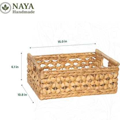 NAYA 15" Water Hyacinth Medium Wicker Shelf Basket with Handles - size: 15.0 x 10.8 x 6.1in