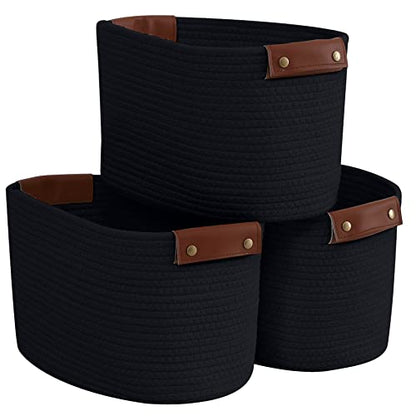 3 Pack Woven Cotton Rope Storage Basket, 15x10x9, Black - color: Black