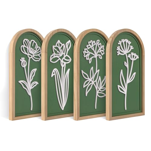 3D Wooden Floral Wall Art Set of 4, Olive Green Arched Bathroom Wall Decor - color: Olive Green