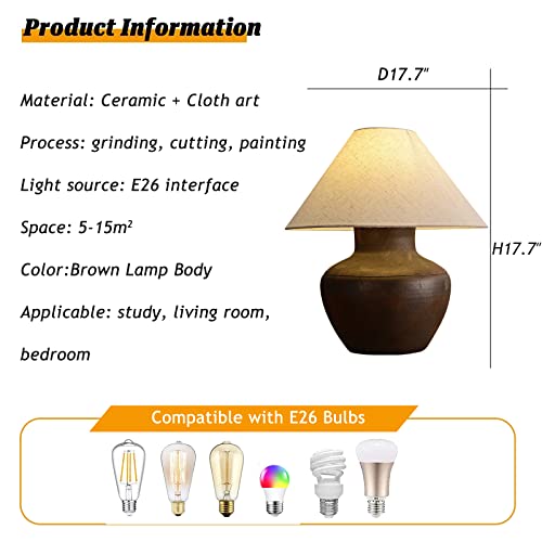 Farmhouse Ceramic Table Lamp Rustic Clay Pot Table Lamps Brown Ceramic Lamp Body with White Drum Shade Decor Bedside Nightstand for Living Room Bedroom House