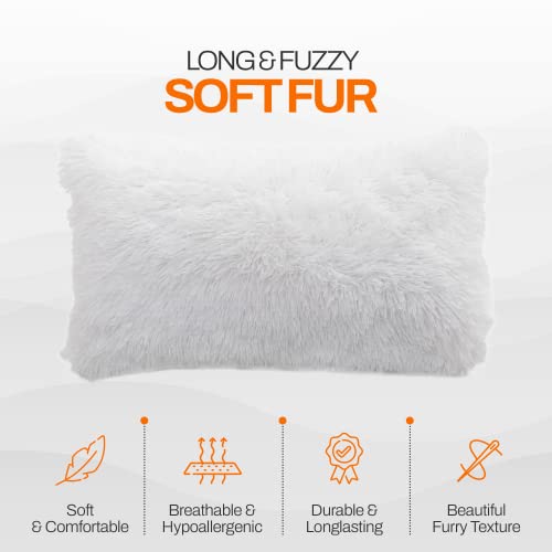 Cheer Collection Throw Pillows for Couch and Bed, Soft Shaggy Throw Pillows with Inserts Included, Cozy Long Hair Faux Fur Pillows - Set of 2-12" x 20" - White - color: White, size: 12" x 20"
