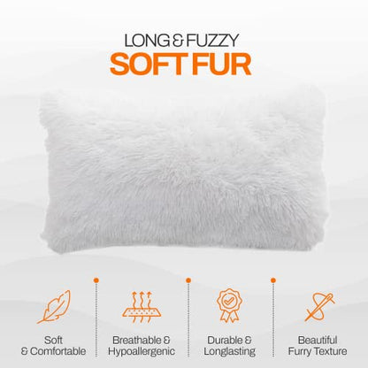 Cheer Collection Throw Pillows for Couch and Bed, Soft Shaggy Throw Pillows with Inserts Included, Cozy Long Hair Faux Fur Pillows - Set of 2-12" x 20" - White - color: White, size: 12" x 20"