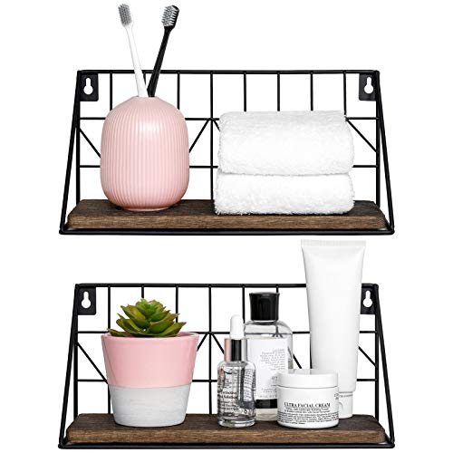 Mkono Floating Shelves Wall Mounted Set of 2 Rustic Wood Storage Display Shelf with Metal Wire Basket 11.4 Inches, Hanging Shelf for Bedroom Bathroom Living Room Kitchen Office, Brown,Small - size: Small