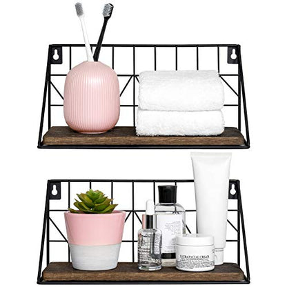 Mkono Floating Shelves Wall Mounted Set of 2 Rustic Wood Storage Display Shelf with Metal Wire Basket 11.4 Inches, Hanging Shelf for Bedroom Bathroom Living Room Kitchen Office, Brown,Small - size: Small