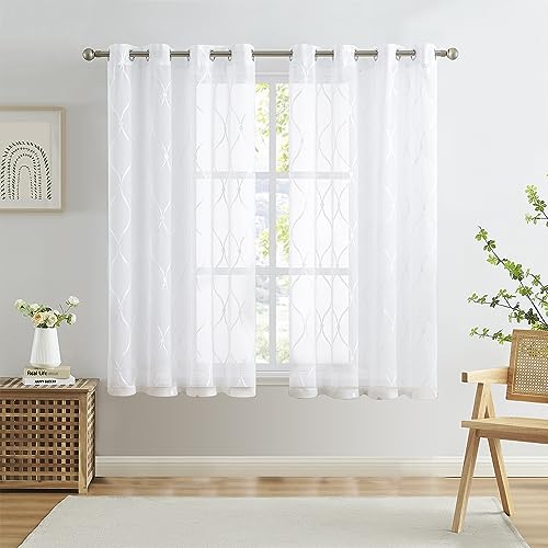 July Joy White Sheer Curtains 63 Inches Long Moroccan Embroidered Grommet Semi Window Drapes for Living Room Bedroom, White 2 Panels - color: White, size: 52"W x 63"L (Pack of 2)