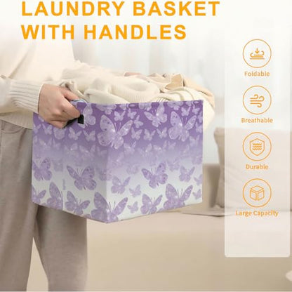 Purple Butterfly Laundry Hamper 56L Large Storage Bin with Handles - color: Purple Butterfly