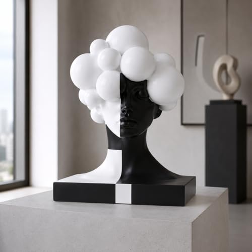 Checkered Modern Abstract Bust Statue for Home Decor, Black and White Art Face Sculpture,Large Resin Woman Head Figurine, Decorative Objects for Bookshelf, Coffee Table, Entryway, Office Desk Decor