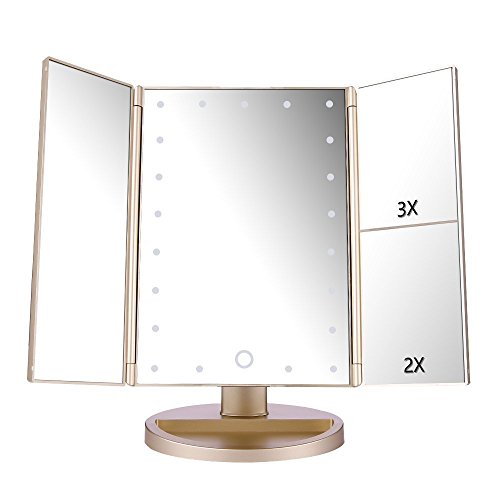 deweisn Floor Mount Tri-Fold Lighted Vanity Mirror with 21 LED Lights, Touch Screen and 3X/2X/1X Magnification, Two Power Supply Modes Make Up Mirror,Travel Mirror - color: Gold