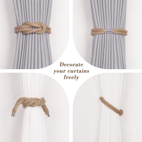 NICEEC 2 Pack Natural Jute Rope Curtain Tiebacks Elegant Boho Style Magnetic Drape Tie Backs Soft Hand-Woven Rope Curtain Holdbacks for Home & Office Drapery (Jute knot-02) - color: Jute Knot-02, size: 2 Pack