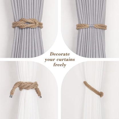 NICEEC 2 Pack Natural Jute Rope Curtain Tiebacks Elegant Boho Style Magnetic Drape Tie Backs Soft Hand-Woven Rope Curtain Holdbacks for Home & Office Drapery (Jute knot-02) - color: Jute Knot-02, size: 2 Pack