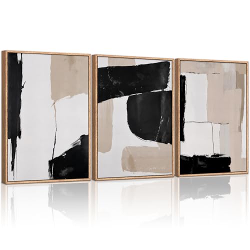 HLNIUC Large Framed Neutral Abstract Canvas Wall Art,Black and White Abstract Wall Decor Set of 3(16”X24”)Modern Minimalist Color Block Art Print,Beige Mid Century Wall Painting for Living Room,Office - color: Abstract, size: 16"L x 24"W