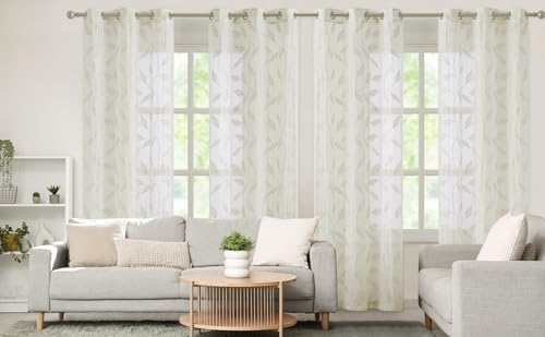 Bujasso Embroidered Leaf Sheer Curtains, Natural 38" Wx84 Lx2 - color: Natural, size: 38"W x 84"L (Pack of 2)