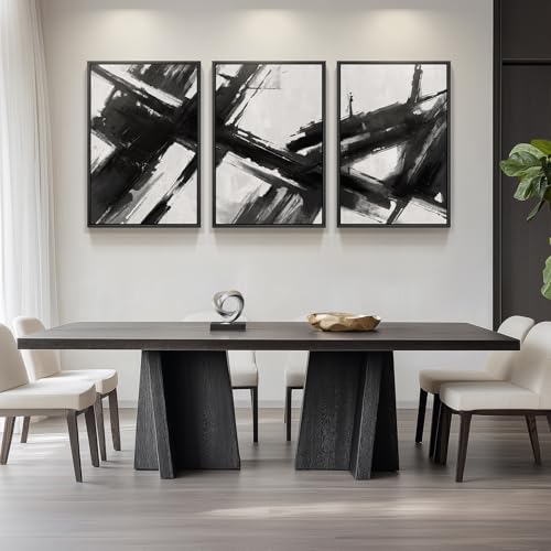 Large Framed Black and White Abstract Canvas Wall Art for Living Room - color: Brushstrokes, size: 24" W x 36" H x 3Pcs