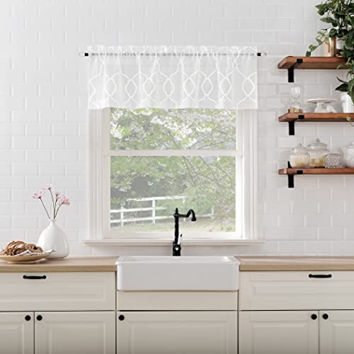 No. 918 Allerton Embroidered Trellis Semi-Sheer Rod Pocket Kitchen Curtain Valance and Tiers Set, White, 52" W x 36" L
