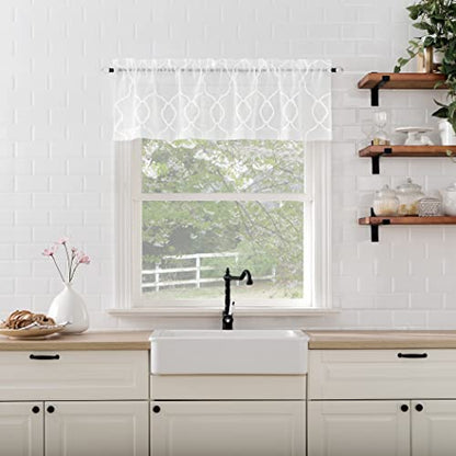 No. 918 Allerton Embroidered Trellis Semi-Sheer Rod Pocket Kitchen Curtain Valance and Tiers Set, White, 52" W x 36" L