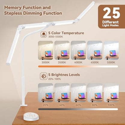 Pzloz Led Desk Lamp with Clamp: Architect Desk Lamp for Home Office, Eye Caring Double Head Computer Monitor Work Desk Light with Remote Control - 24W Flexible Dimmable Desktop Table Lamp White - color: Light White