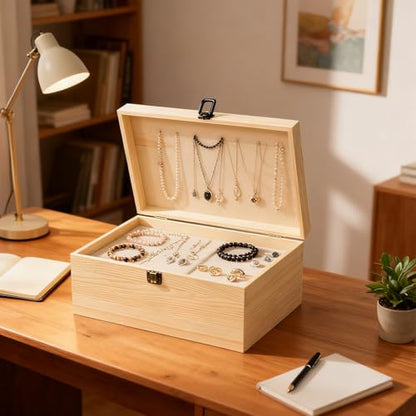 YAYODS Wooden Box with Hinged Lid, 13.7 x 9.8 x 6.7 Inch Large Wood Storage Box, Unfinished Wooden Keepsake Box for Crafts Art and DIY Hobbies, Jewelry, and Home Storage