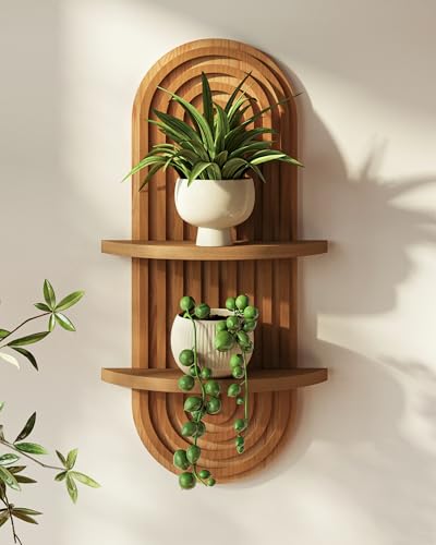 Bamworld Boho Wall Decor Plant Wall Shelf Wood Plant Holder 2 Tier - color: Brown - Matte, size: 16.7'' -1 Pcs