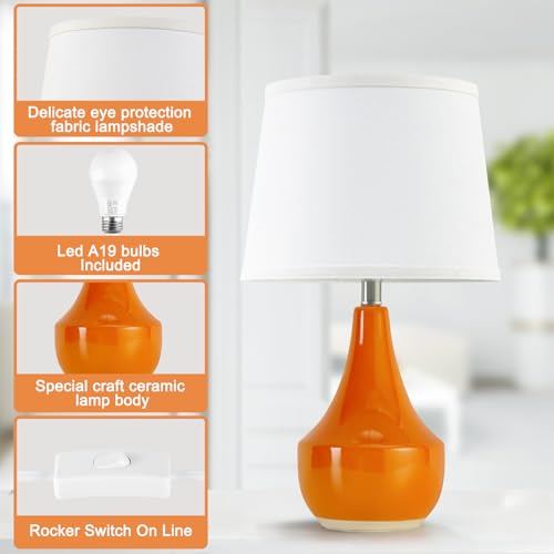 GyroVu 18" Table Lamp Set of 2, Ceramic Lamp Classic Beside Lamps Nightstand Lamp Modern Table Lamp for Living Room, Bedroom & Office Rocker Switch Orange-LED Bulbs Included - color: 18.63" Orange