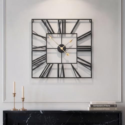 Cuspin 24 Inch Square Wall Clock, Large Black Metal Roman Numeral Clock - color: Black Roman Square, size: 24 Inch