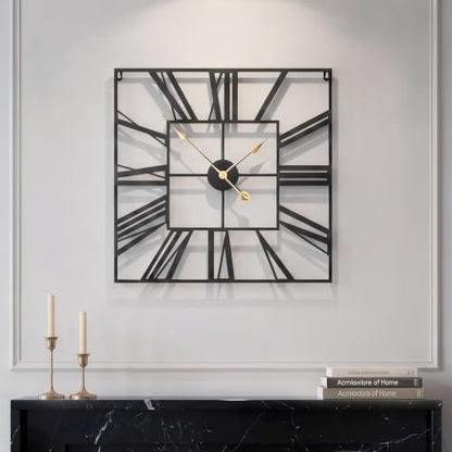 Cuspin 24 Inch Square Wall Clock, Large Black Metal Roman Numeral Clock - color: Black Roman Square, size: 24 Inch