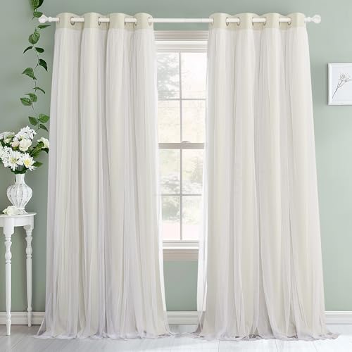 Beige Blackout Curtains with White Sheer Overlay for Bedroom/Living Room - color: Beige, size: 52"W x 63"L (Pack of 2)