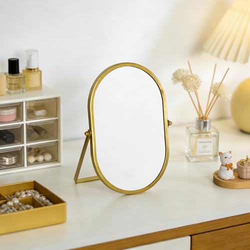 Tstarer Oval Vanity Mirror with Stand,Metal Frame,(Gold, 5.9 x 8.9 inches) - color: Gold, size: 8.9"L x 5.9"W