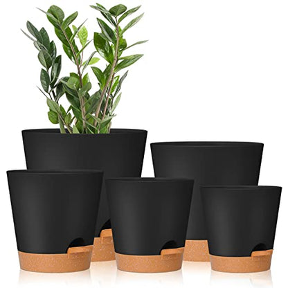 GARDIFE Plant Pots 7/6.5/6/5.5/5 Inch Self Watering Planters with Drainage Hole, Plastic Flower Pots, Nursery Planting Pot for All House Plants, African Violet, Flowers, and Cactus,Black - color: 7-black, size: 7+6.5+6+5.5+5 inch