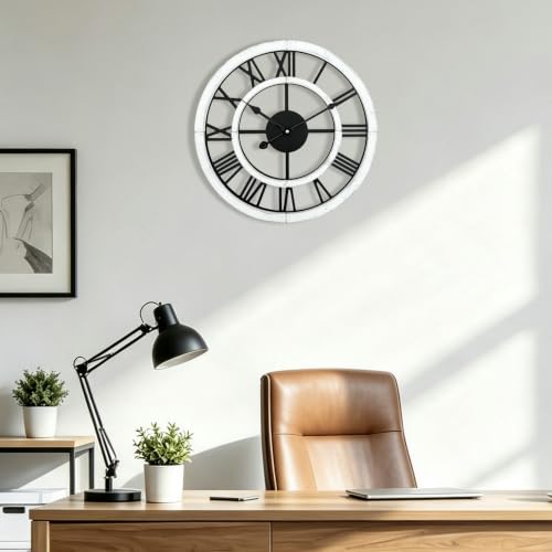 16 Inch Rustic Wall Clock Silent Non-Ticking Wooden Wall Clocks with Roman Numerals Farmhouse Decorative Clock for Living Room Bedroom Office (White) - color: White, size: 16 Inch