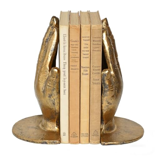 Hand Bookends Decorative, Heavy Duty Cast Iron Book Holder, Prayer Hand Book Ends for Shelves Living Room Home Decor Office, Antique Gold, 1 Pair/2Pieces